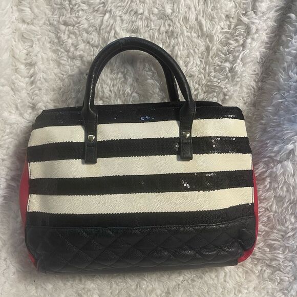 Betsey Johnson Synthetic Black sequins and White Striped satchel red accents - Picture 6 of 13